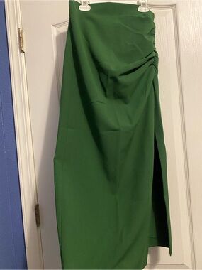 Zara Green Ruched Side-Slit Midi Skirt